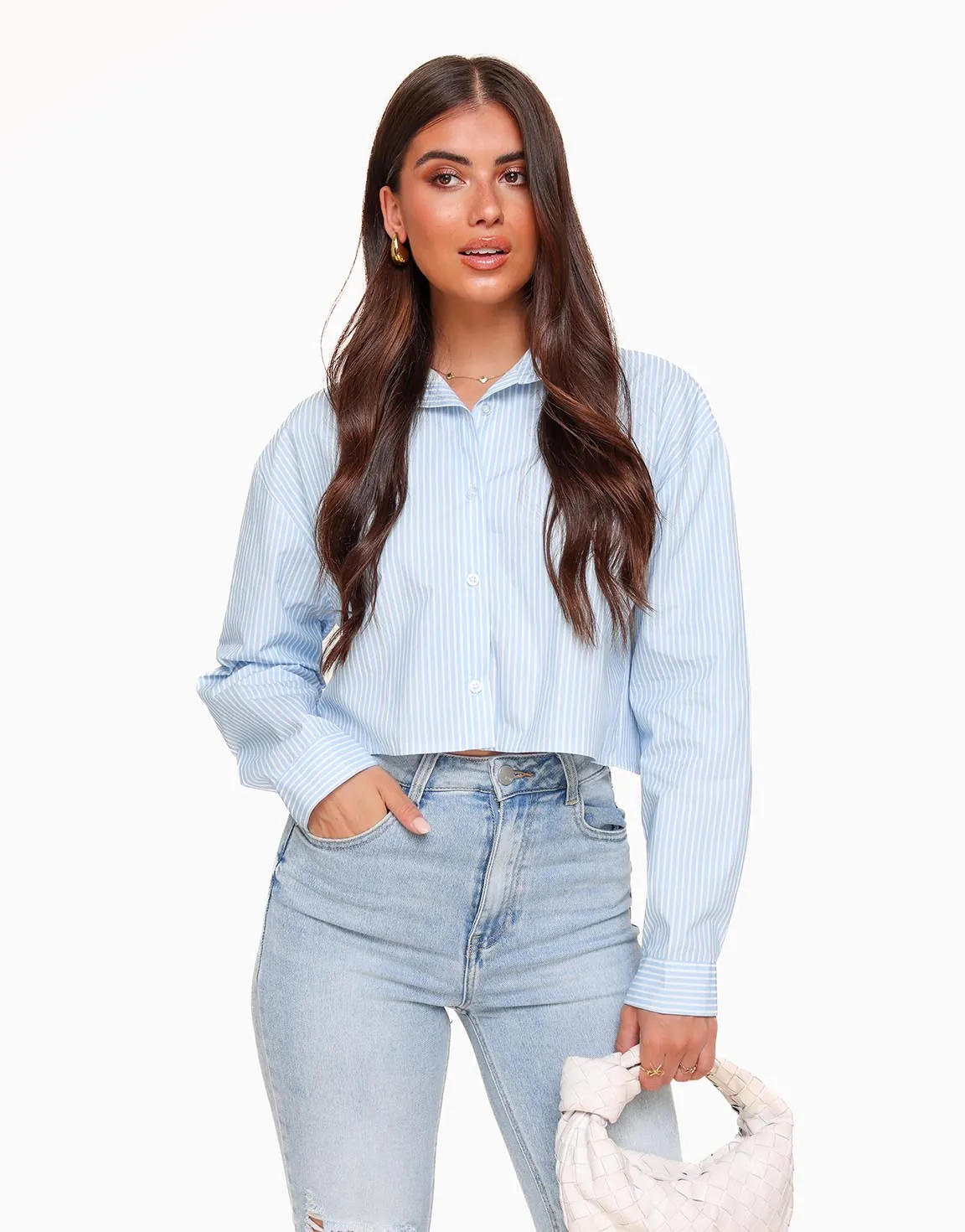 Lichtblauwe Gestreepte Strikjes Achterkant Cropped - Blouse