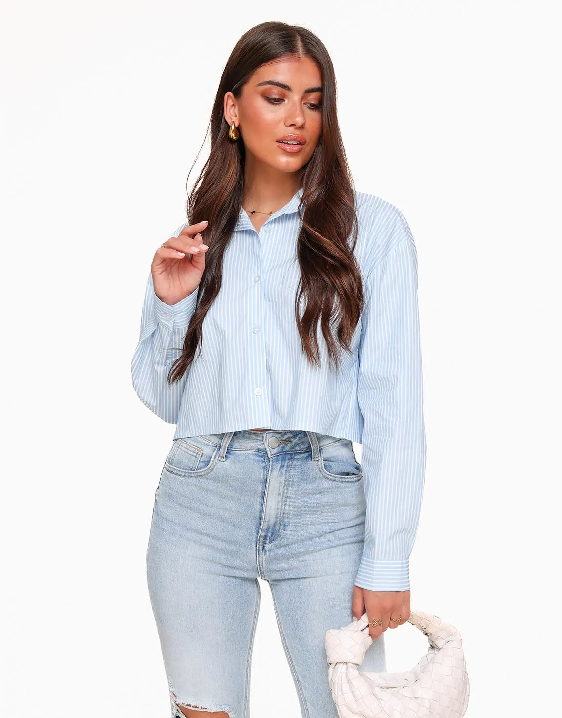 Lichtblauwe Gestreepte Strikjes Achterkant Cropped - Blouse