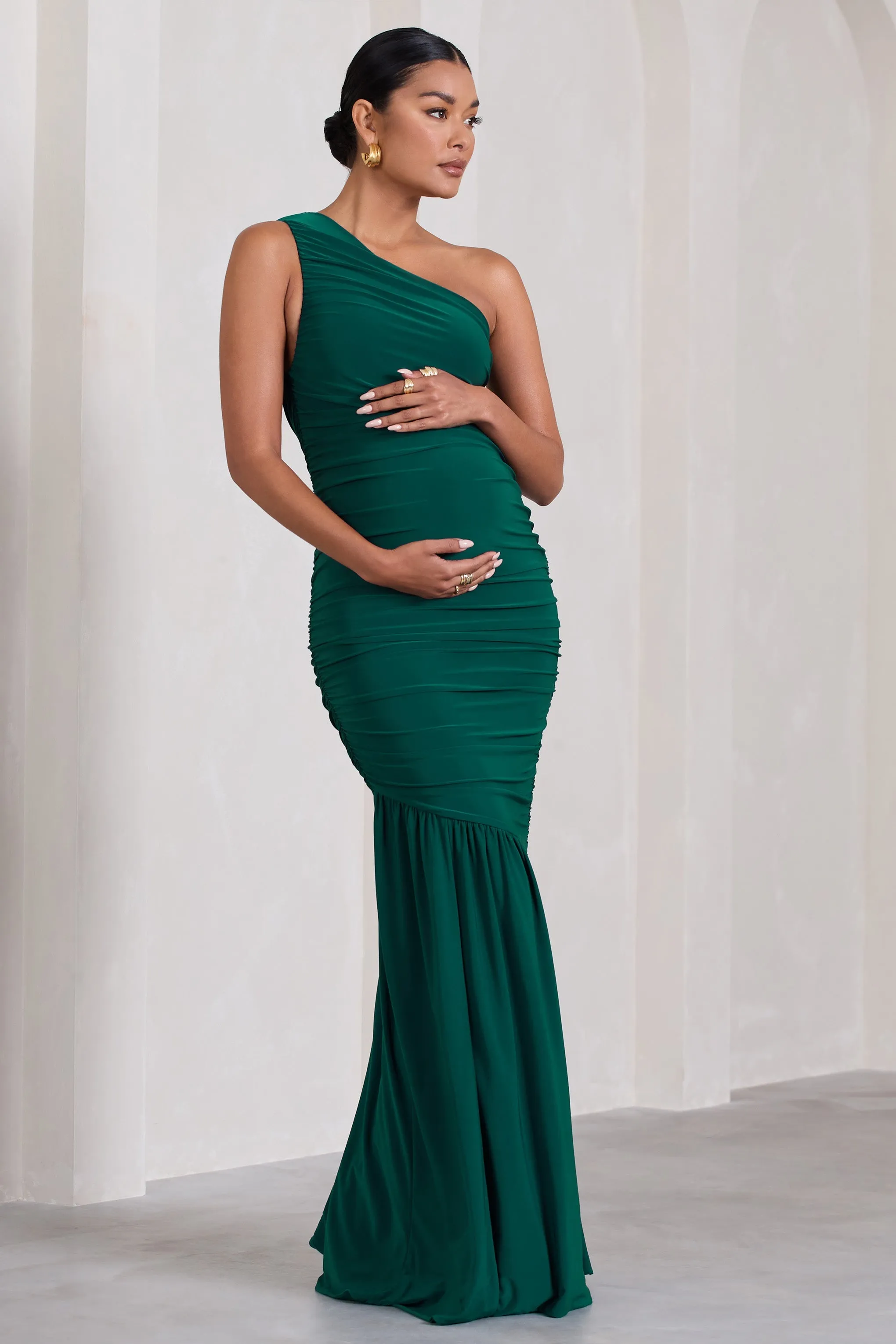 Make My Day | Bottle Green One-Shoulder Ruched Split Maternity Maxi Dress