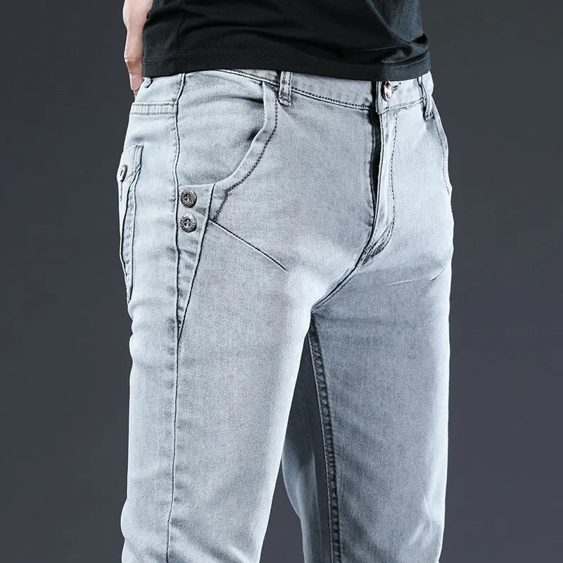 Men's Denim Retro Casual Style Solid Pattern Mid Waist Skinny Jeans