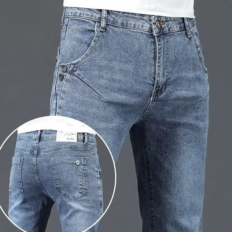 Men's Denim Retro Casual Style Solid Pattern Mid Waist Skinny Jeans