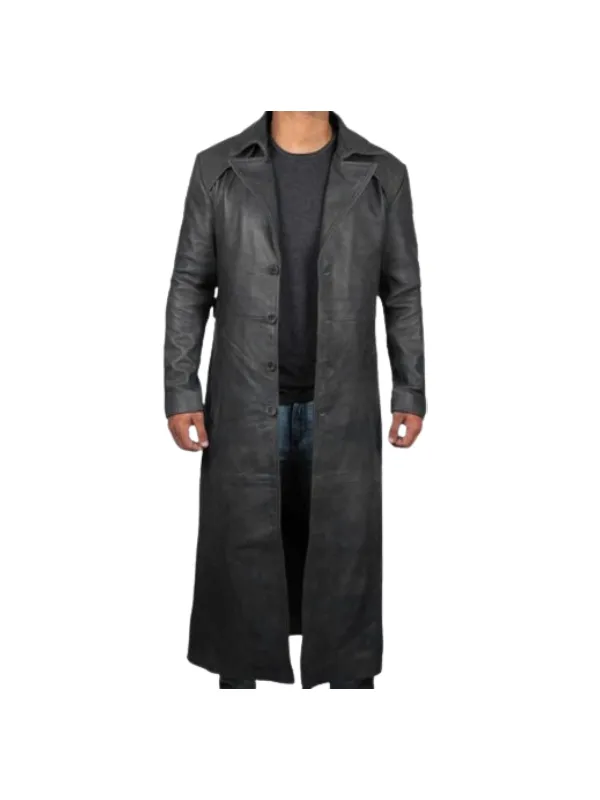 Mens Leather Black Winter Trench Coat