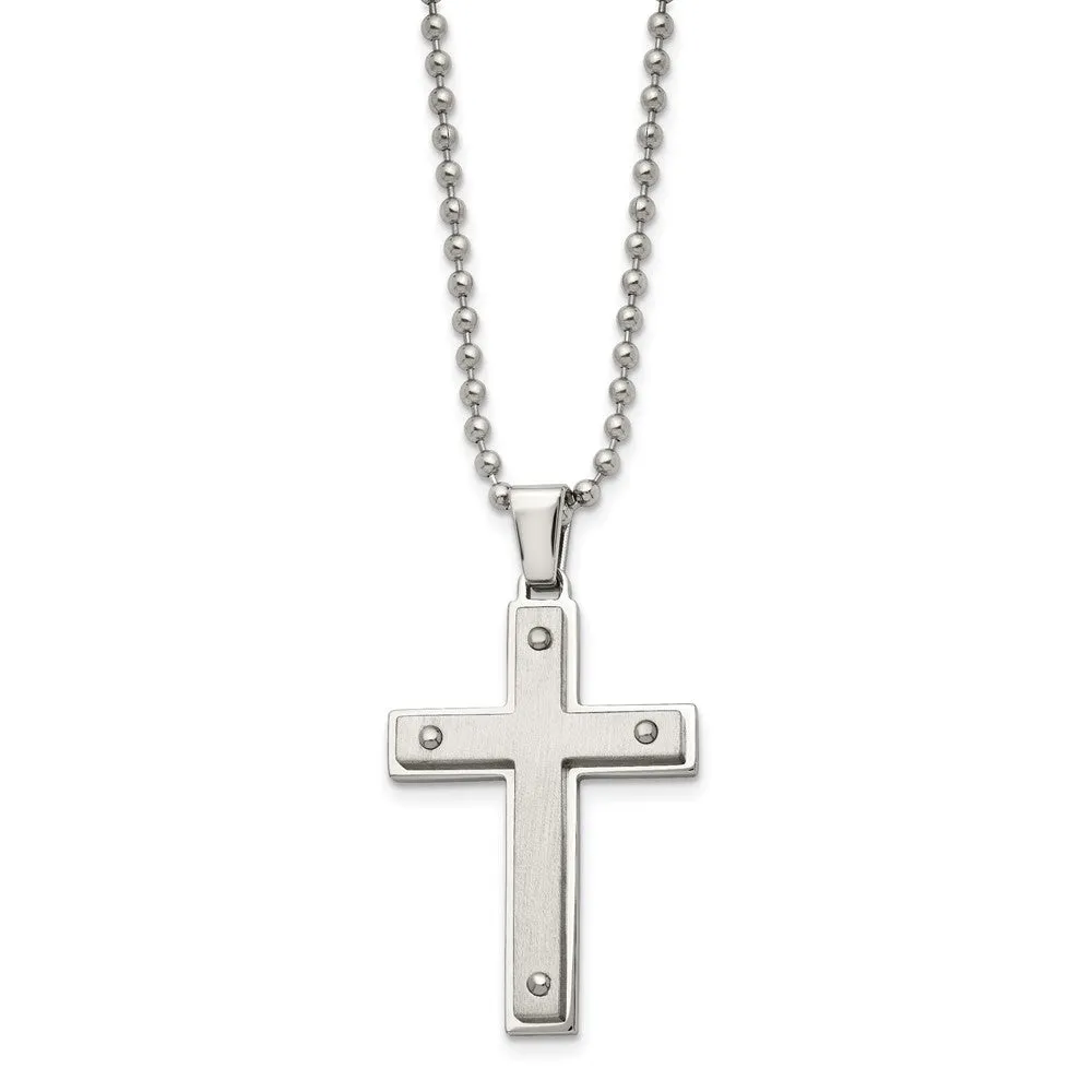 Men's Stainless Steel Brushed & Polished Riveted Cross Necklace, 22 In