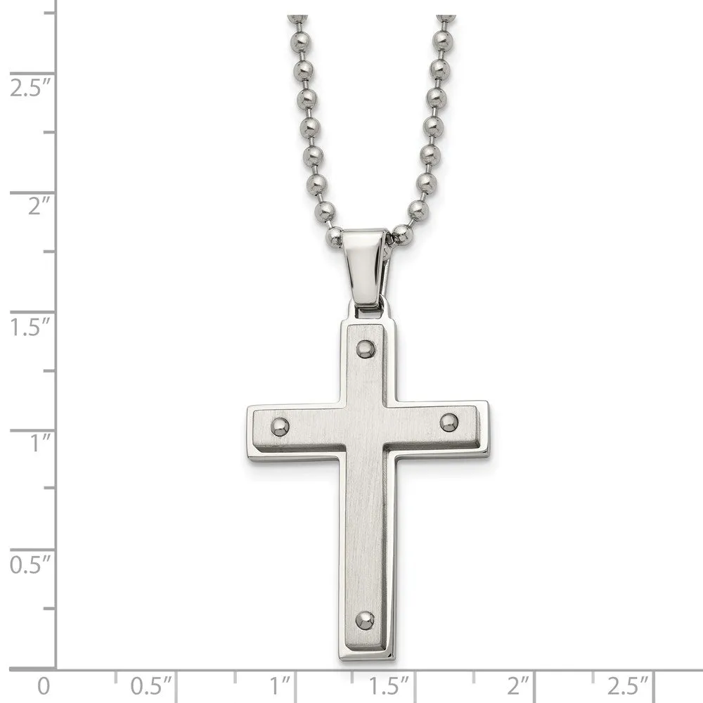 Men's Stainless Steel Brushed & Polished Riveted Cross Necklace, 22 In