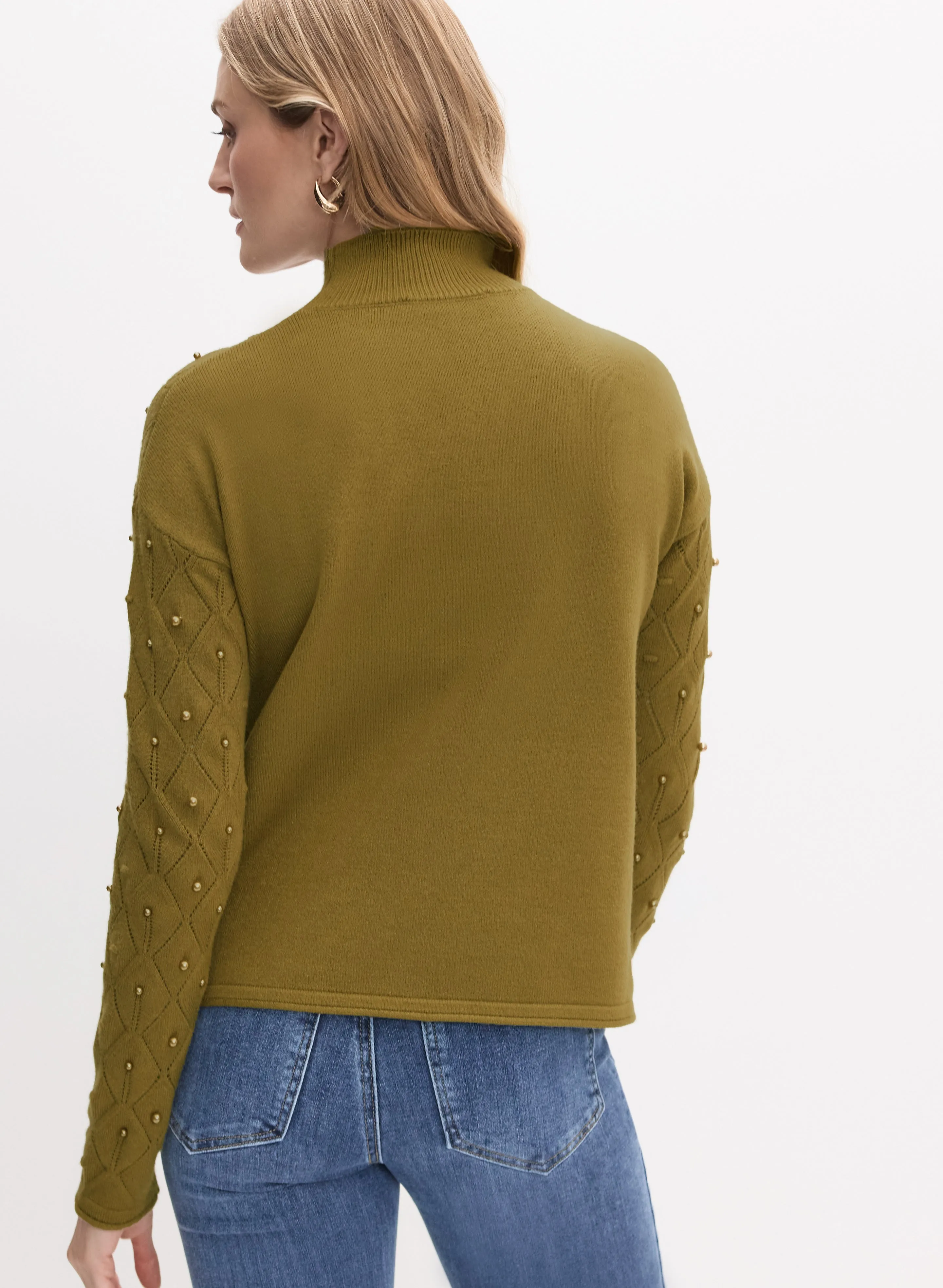 Mock Neck Pearl Embellished Sweater