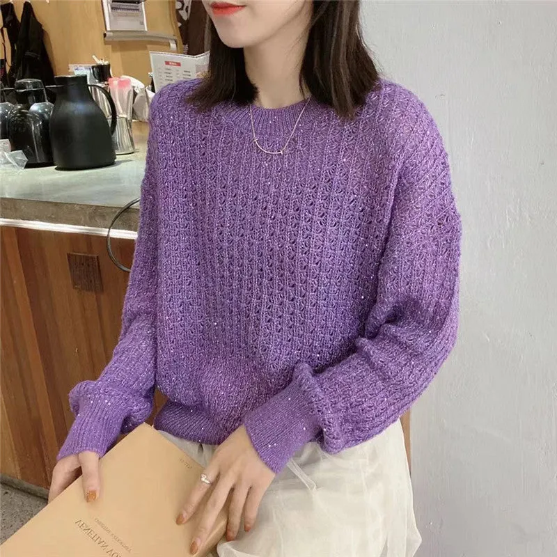 Mohair Round Neck Pullover Long Sleeve Sweater Women