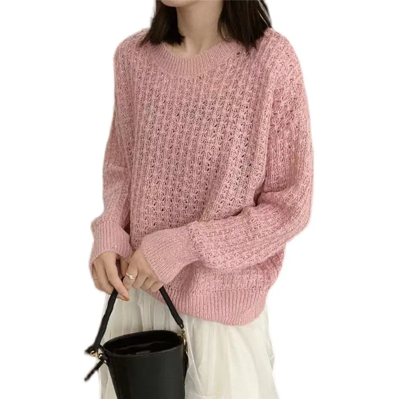 Mohair Round Neck Pullover Long Sleeve Sweater Women