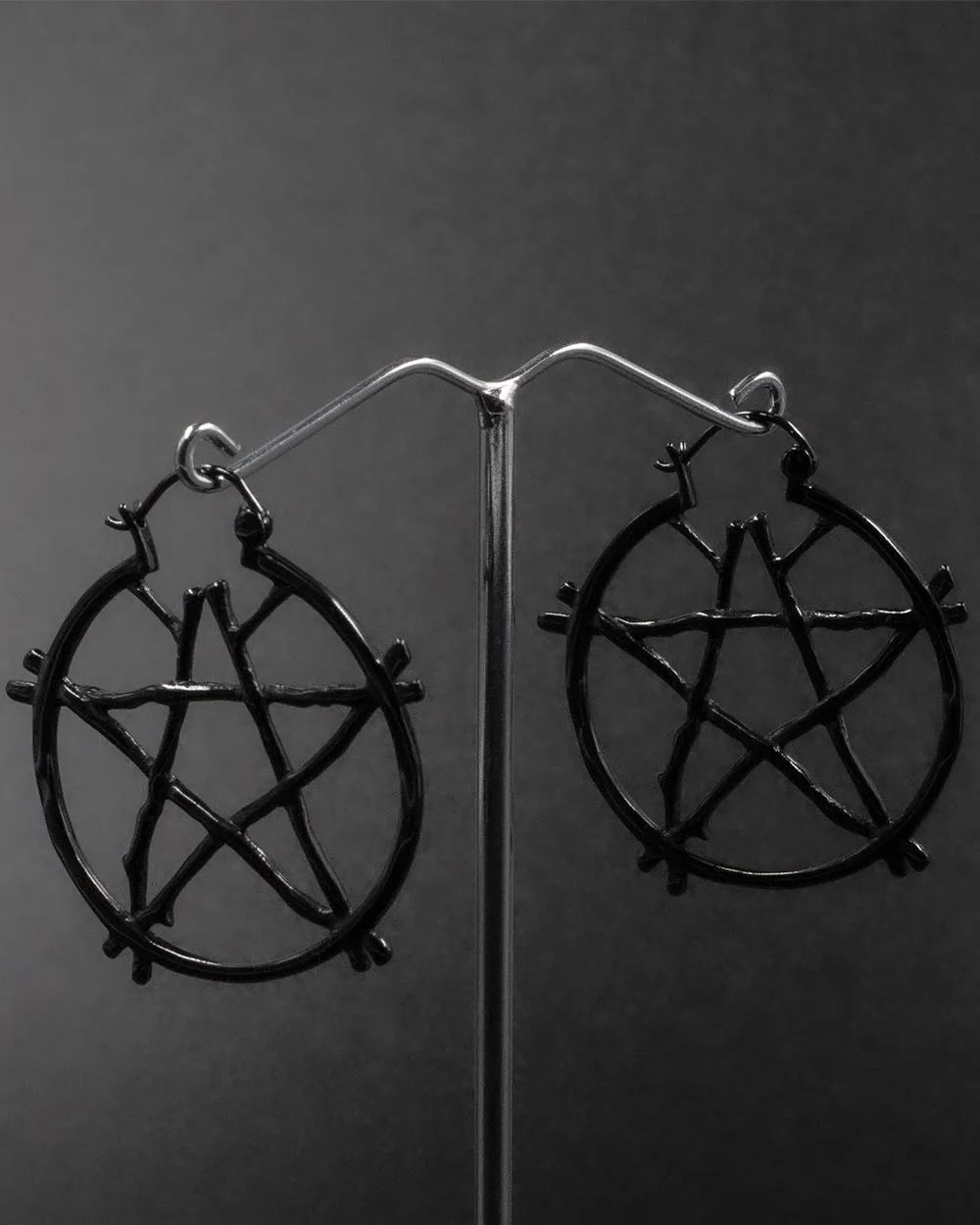 Pentagram Hoops Large Black S/Steel Earrings