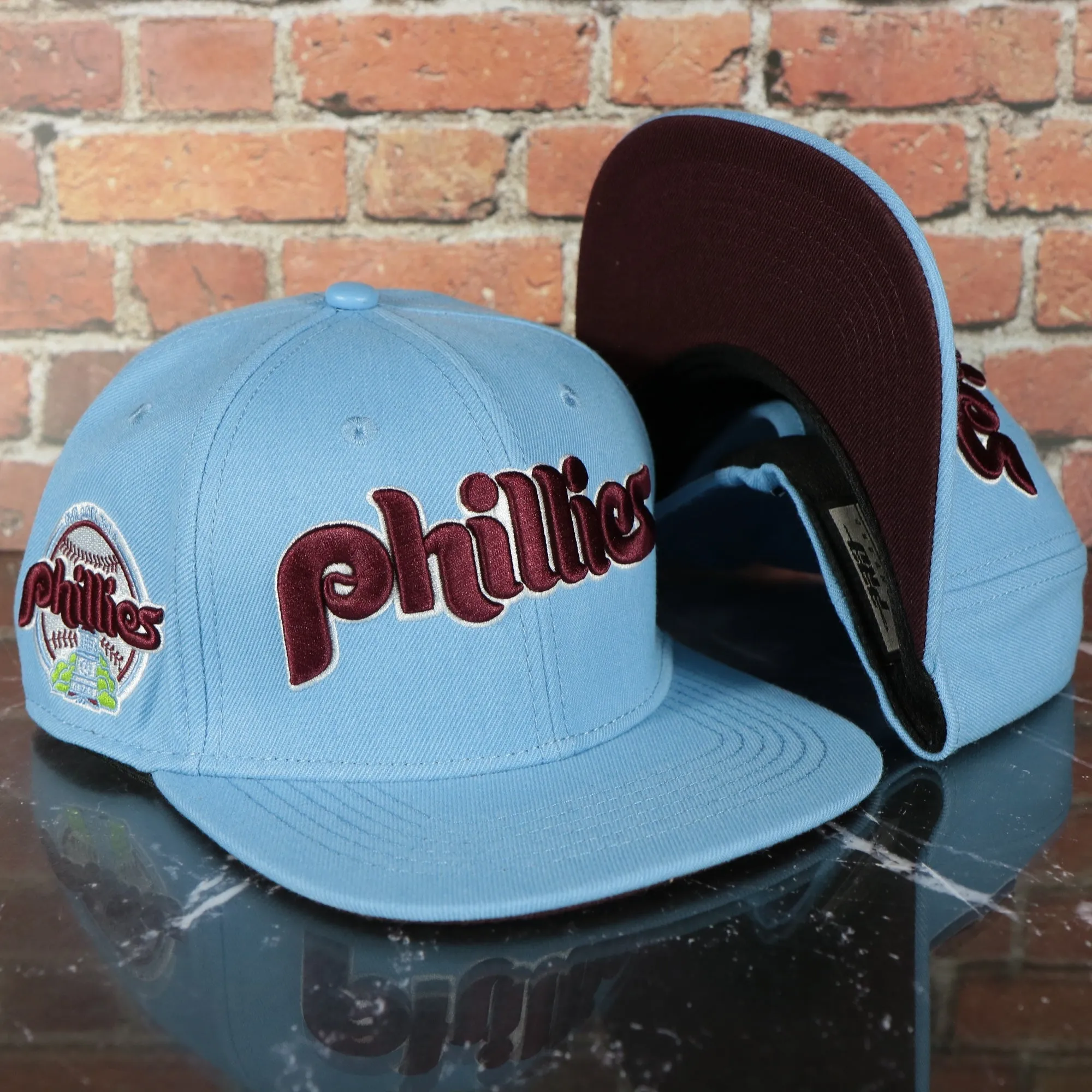 Philadelphia Phillies Cooperstown 1970 Phillies Script 1984 Phillies logo side patch Sky Blue Snapback Hat