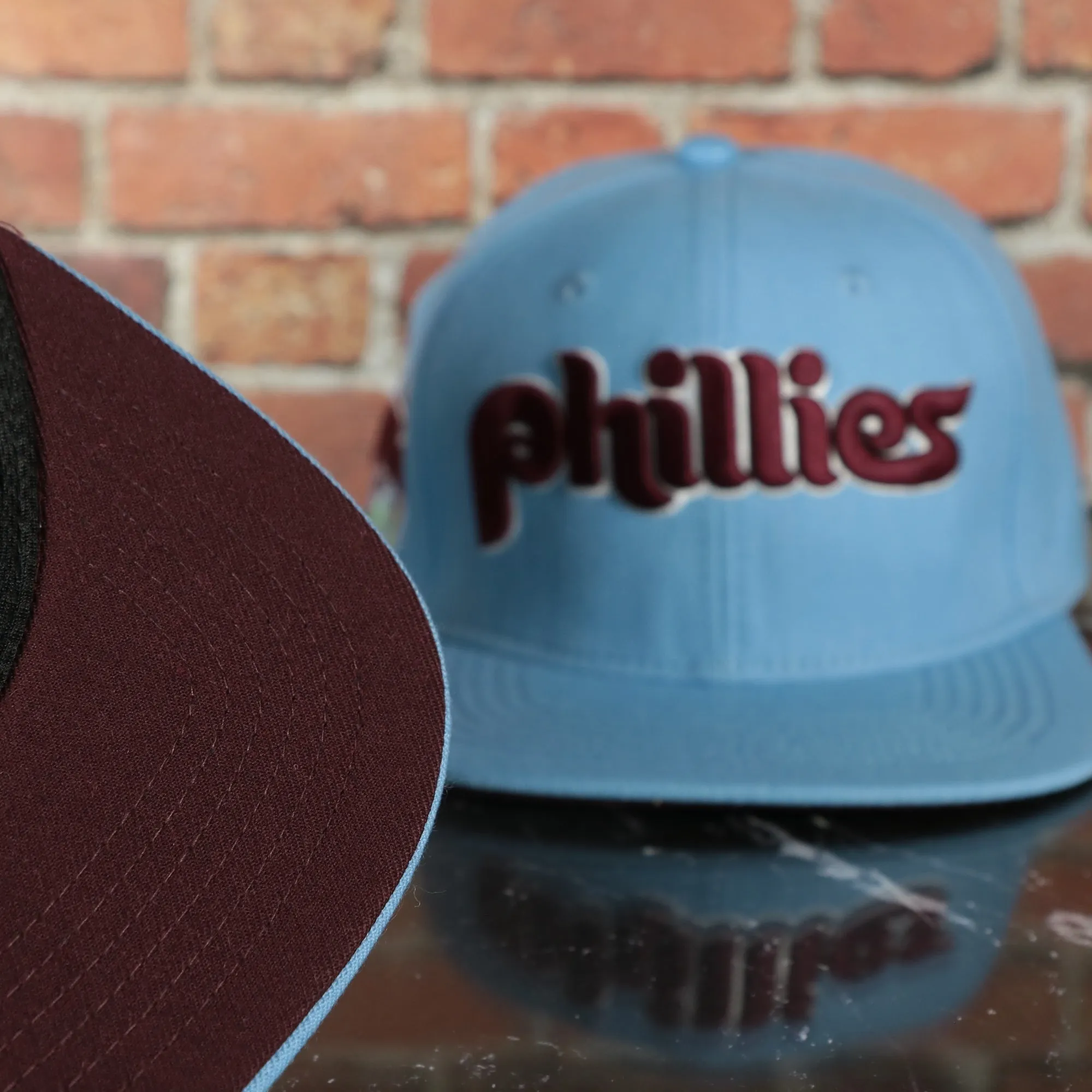 Philadelphia Phillies Cooperstown 1970 Phillies Script 1984 Phillies logo side patch Sky Blue Snapback Hat