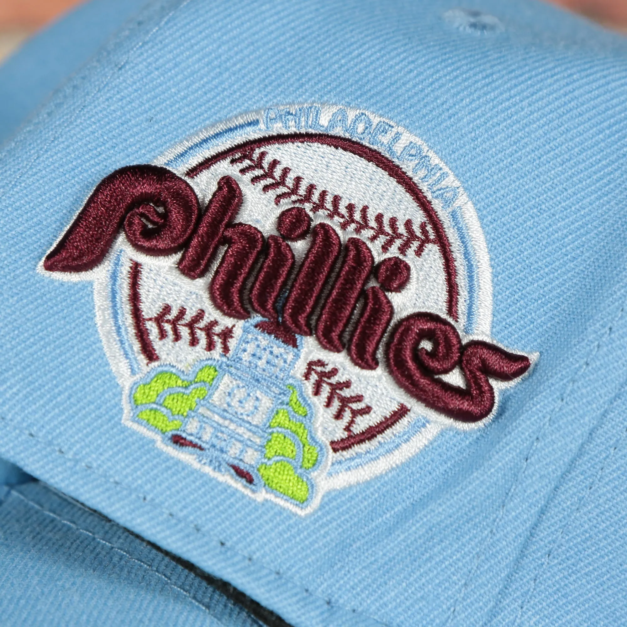 Philadelphia Phillies Cooperstown 1970 Phillies Script 1984 Phillies logo side patch Sky Blue Snapback Hat