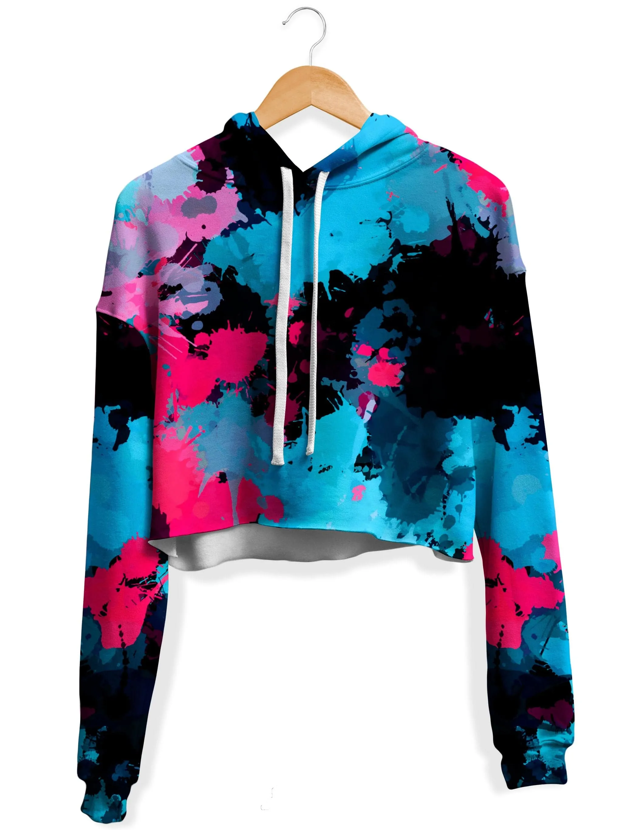 Pink and Blue Paint Splatter Fleece Crop Hoodie