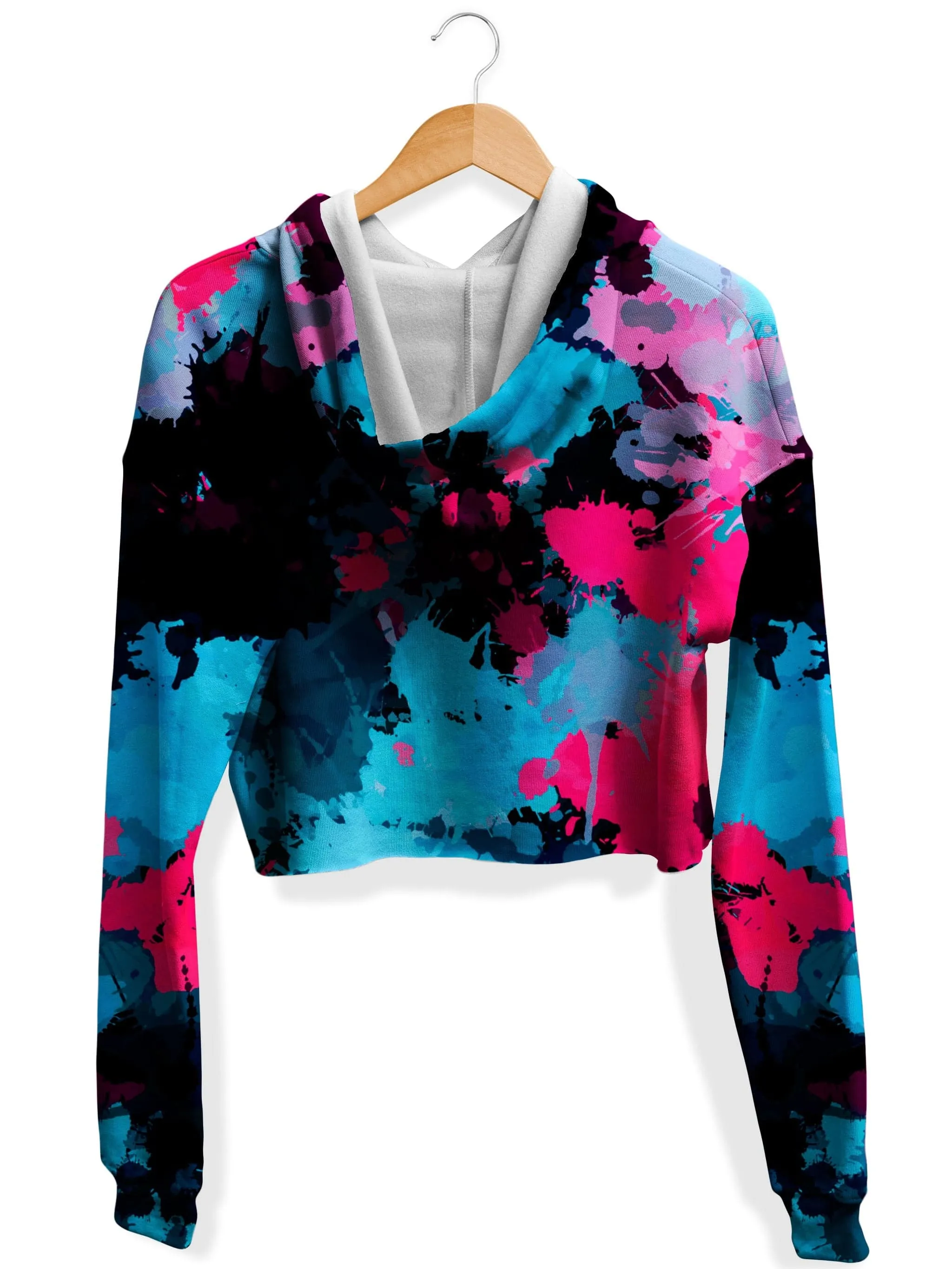 Pink and Blue Paint Splatter Fleece Crop Hoodie