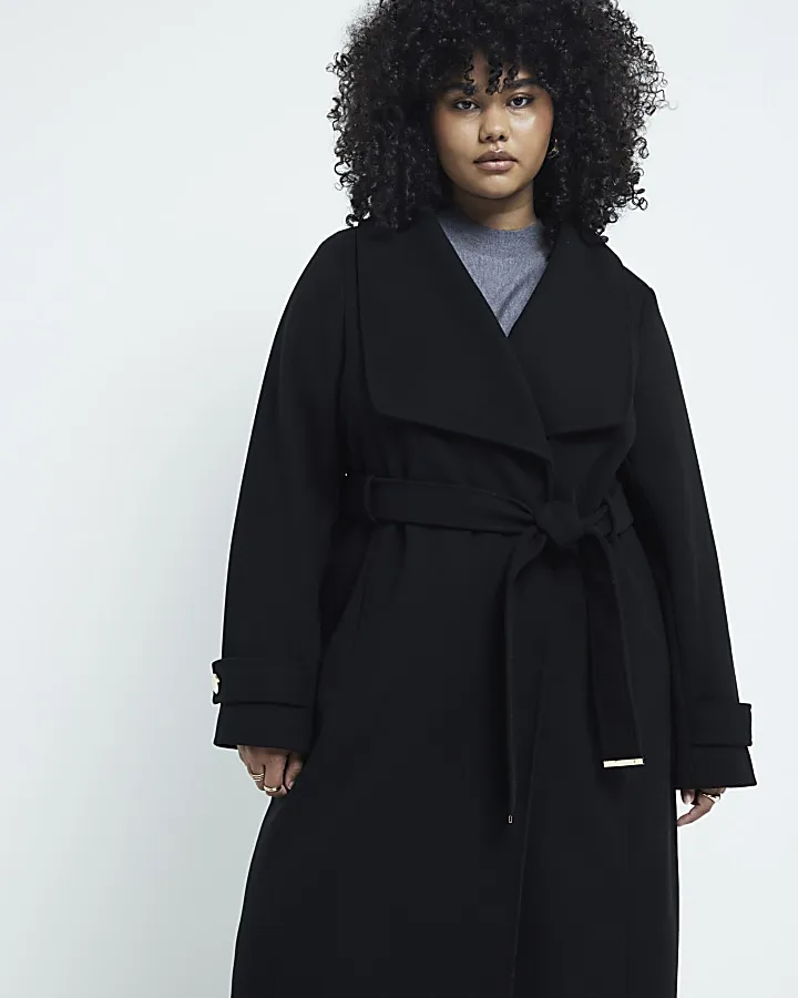 Plus black belted wrap coat