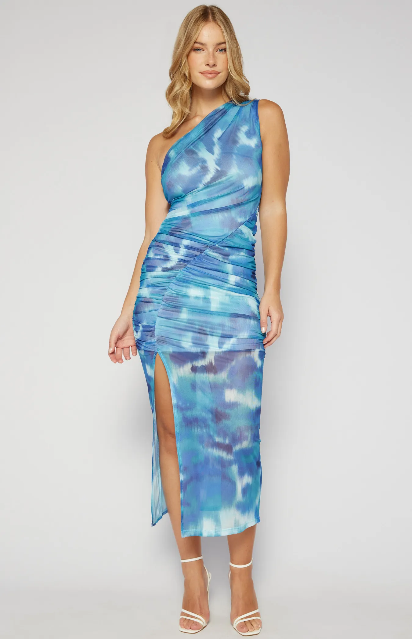 Printed Ruched Mesh Dress with Curved Seam Detail (SDR1556B)