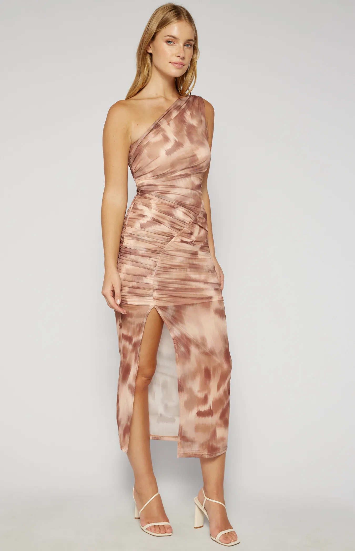 Printed Ruched Mesh Dress with Curved Seam Detail (SDR1556B)