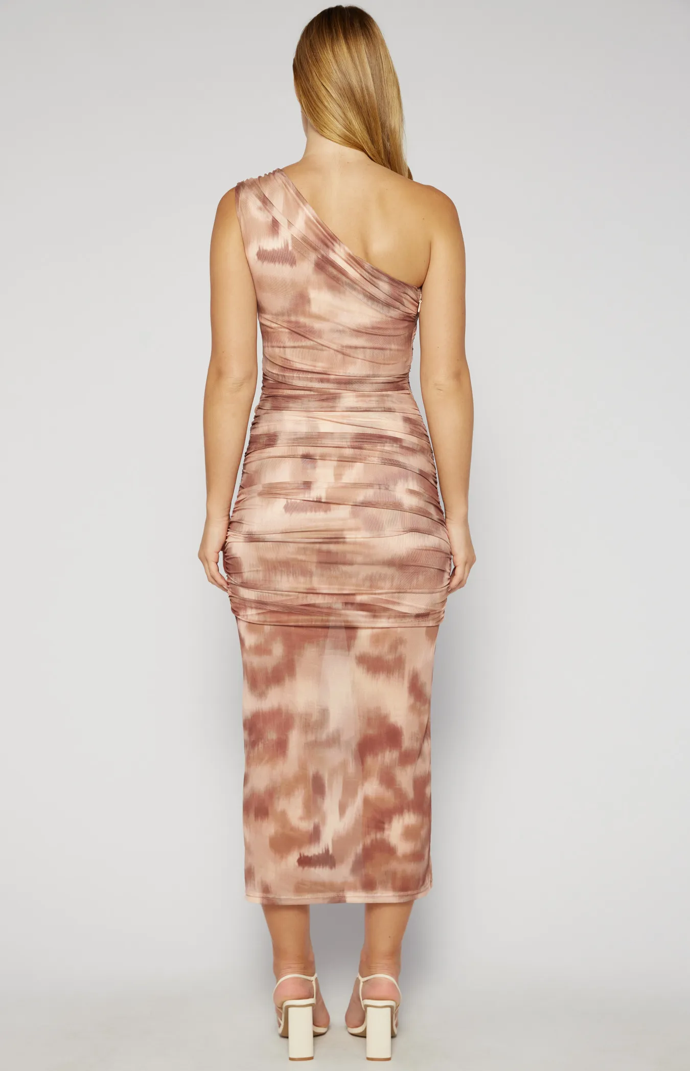 Printed Ruched Mesh Dress with Curved Seam Detail (SDR1556B)