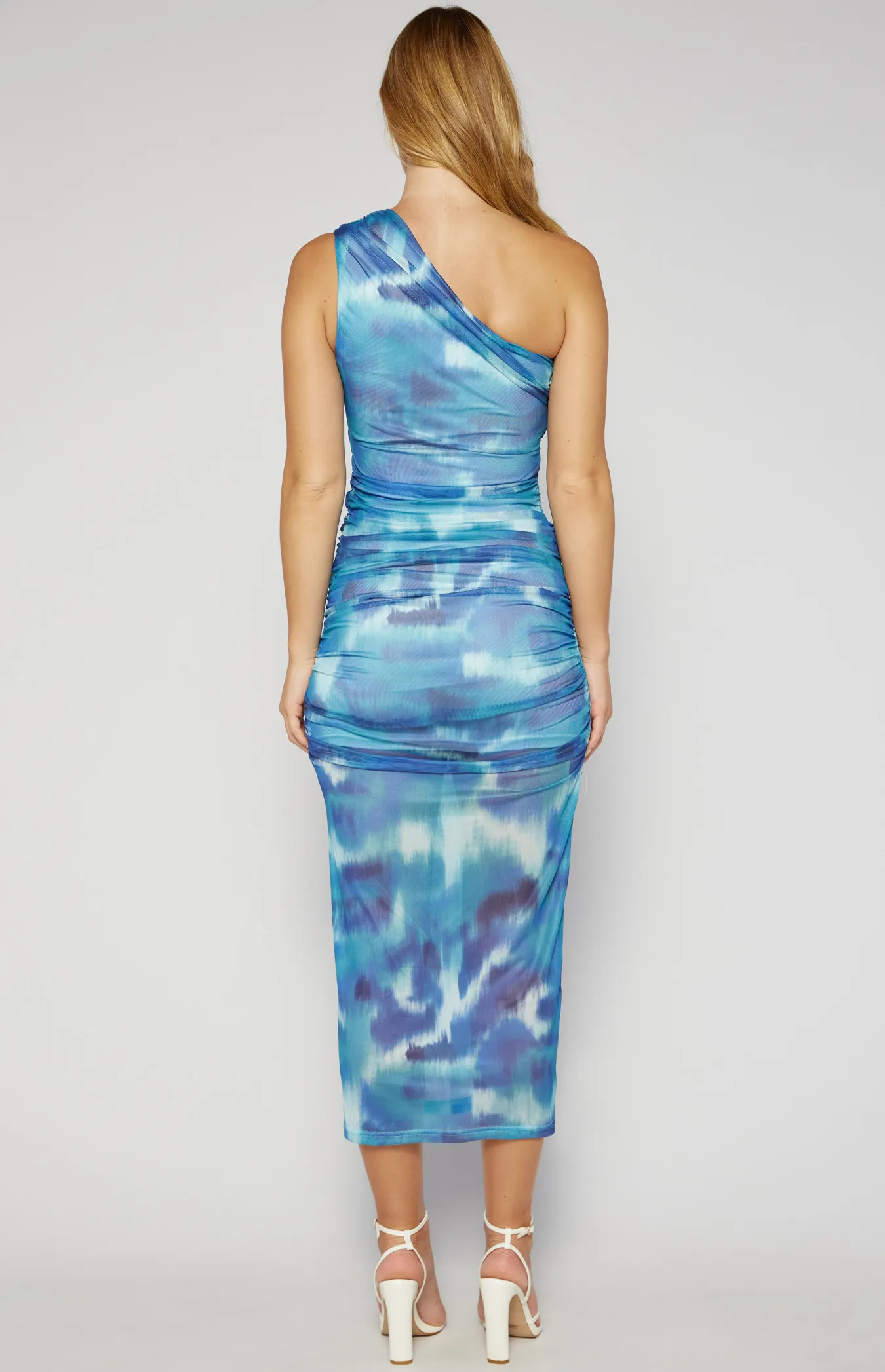 Printed Ruched Mesh Dress with Curved Seam Detail (SDR1556B)