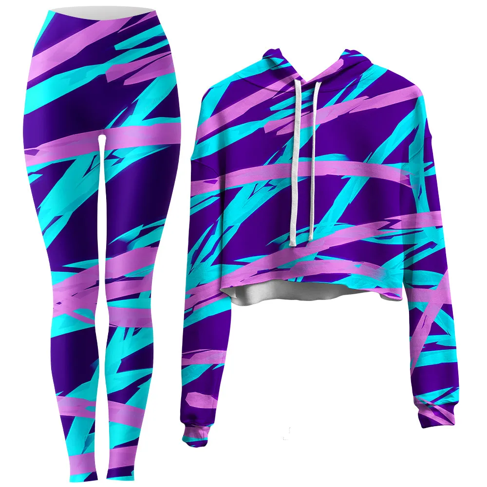 Purple and Blue Rave Abstract Crop Hoodie and Leggings Combo