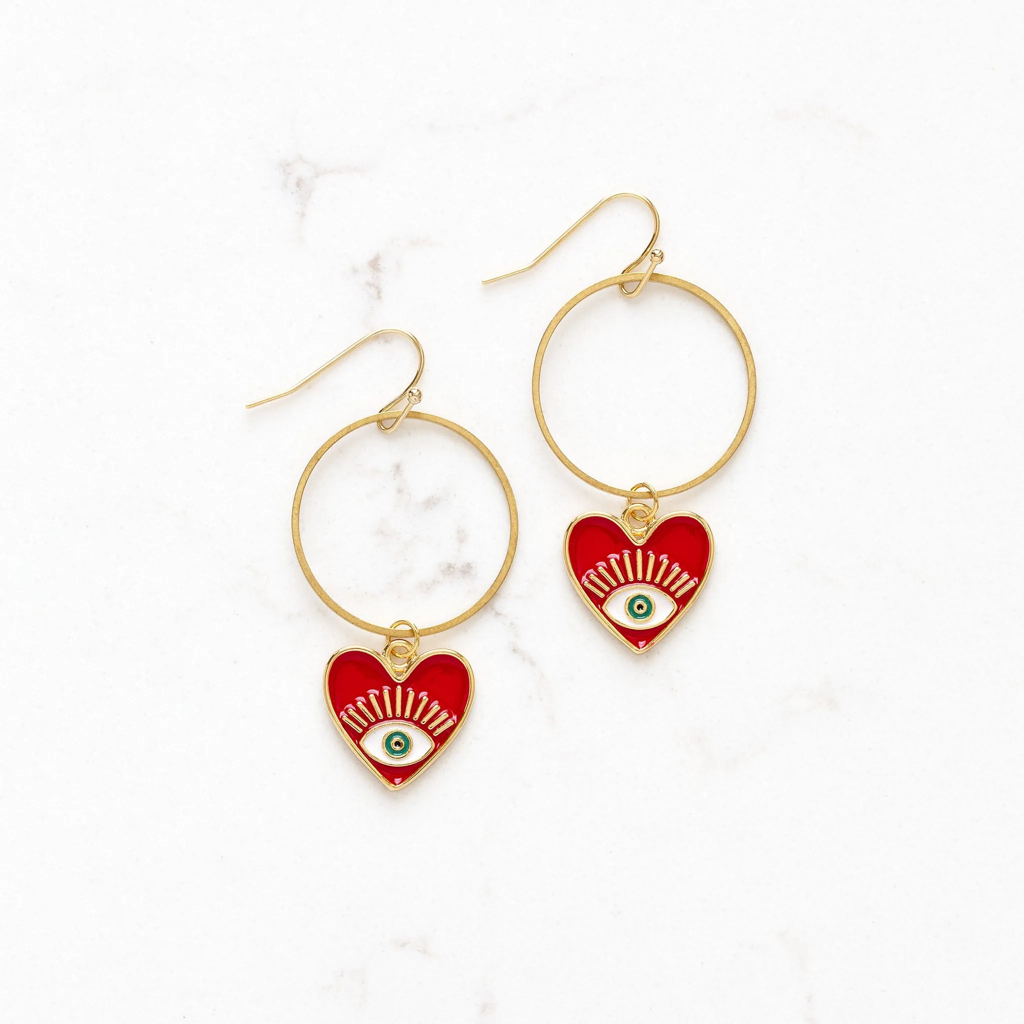 Red Enamel Heart Evil Eye Hoop Earrings