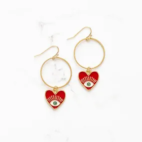 Red Enamel Heart Evil Eye Hoop Earrings