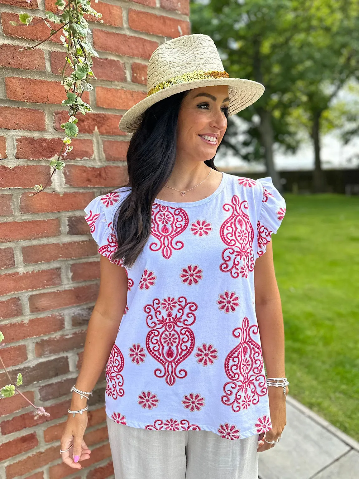 Red Frill Sleeve Flower Print Top Rose