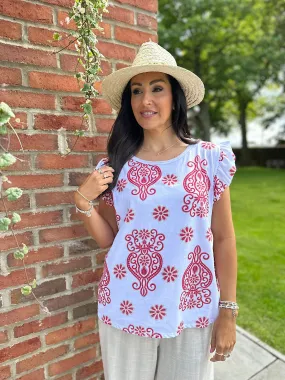 Red Frill Sleeve Flower Print Top Rose