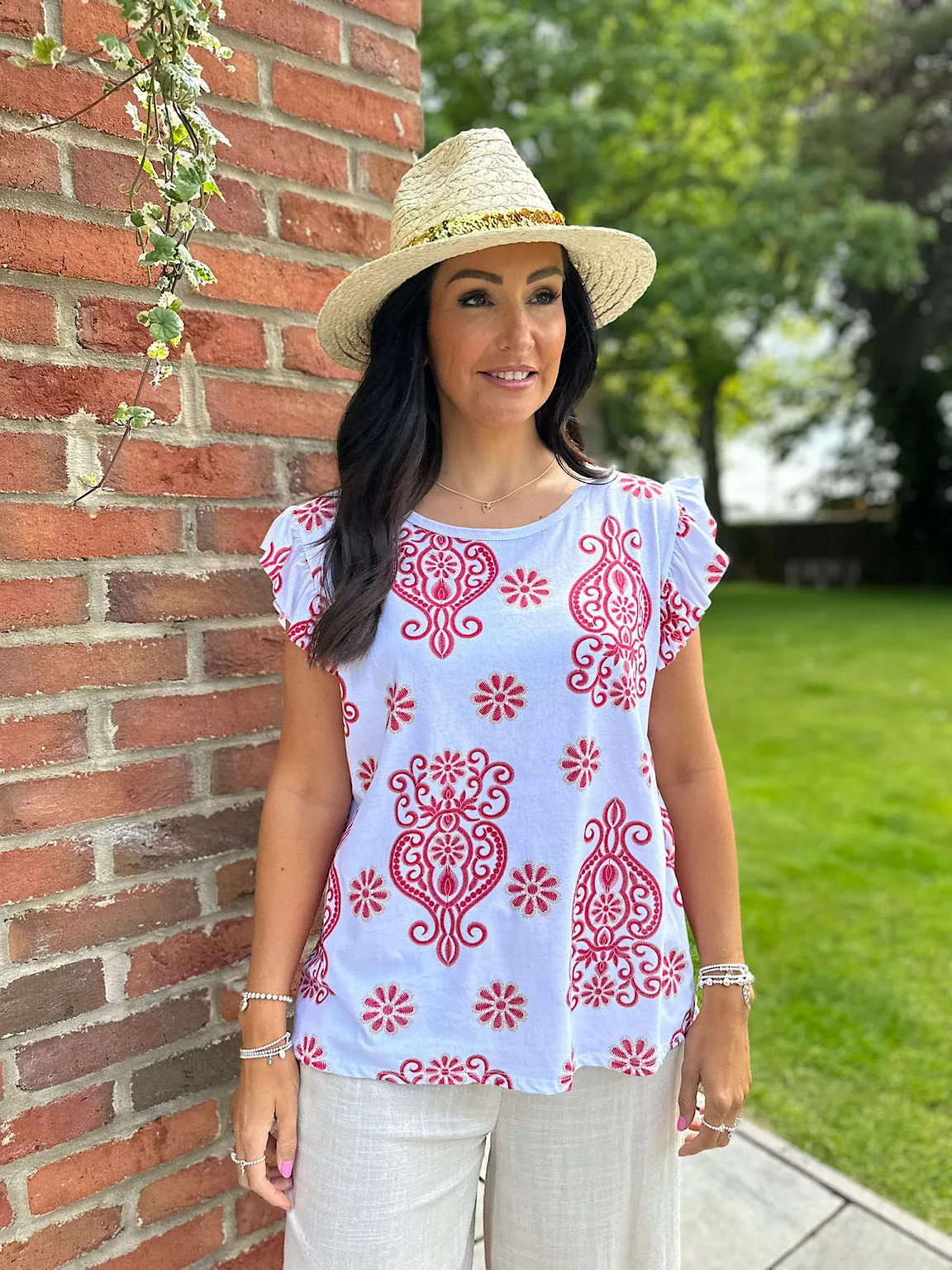 Red Frill Sleeve Flower Print Top Rose