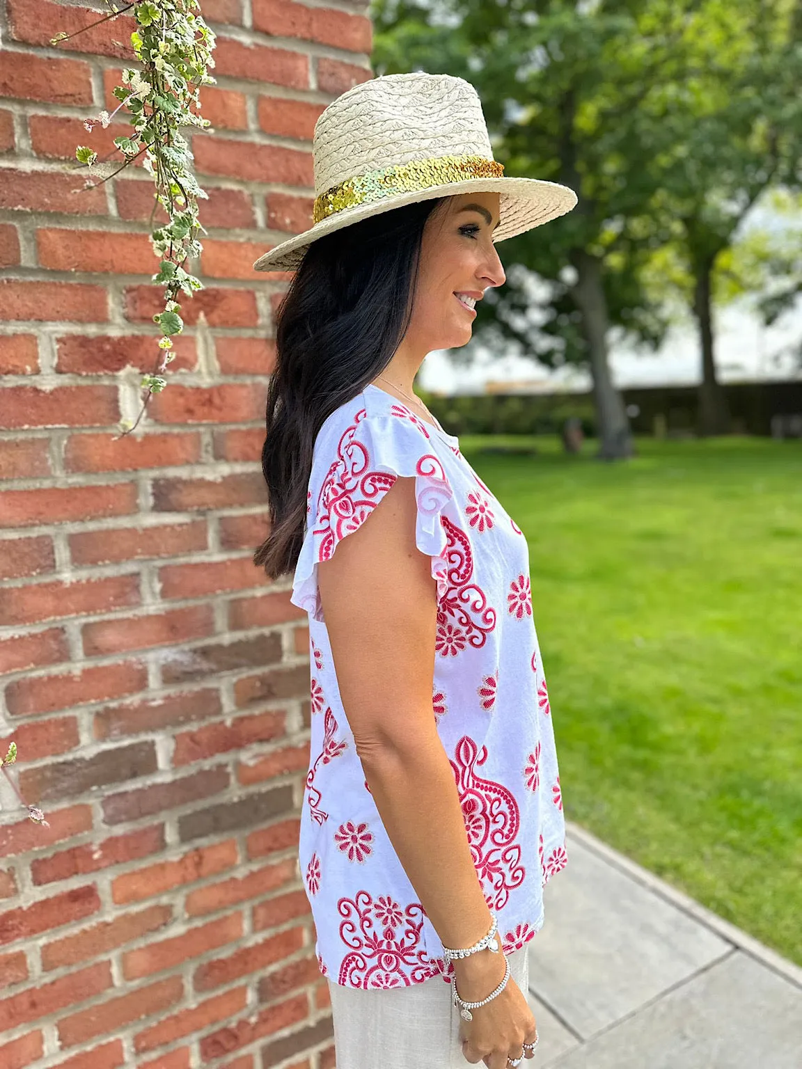 Red Frill Sleeve Flower Print Top Rose