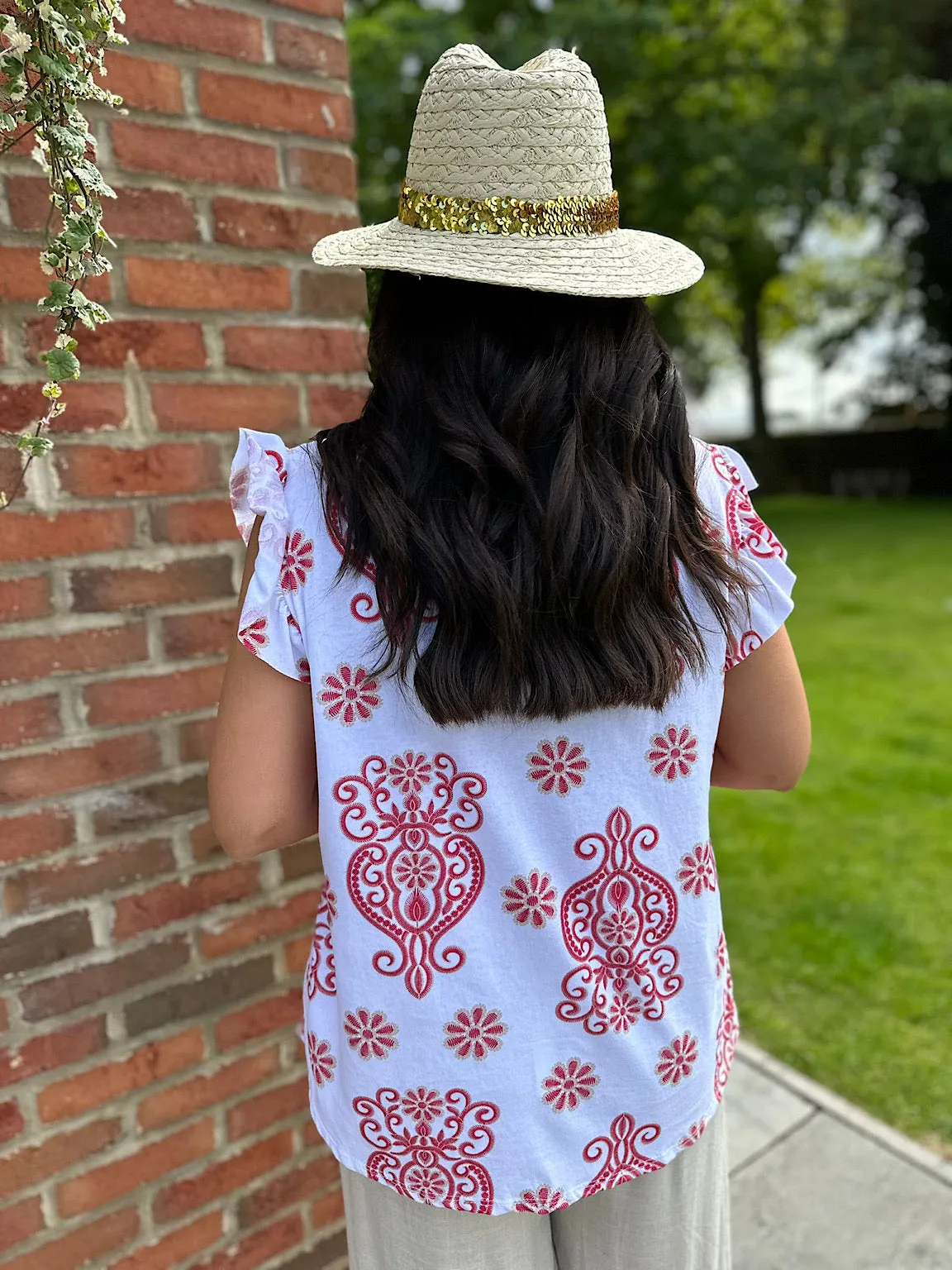 Red Frill Sleeve Flower Print Top Rose