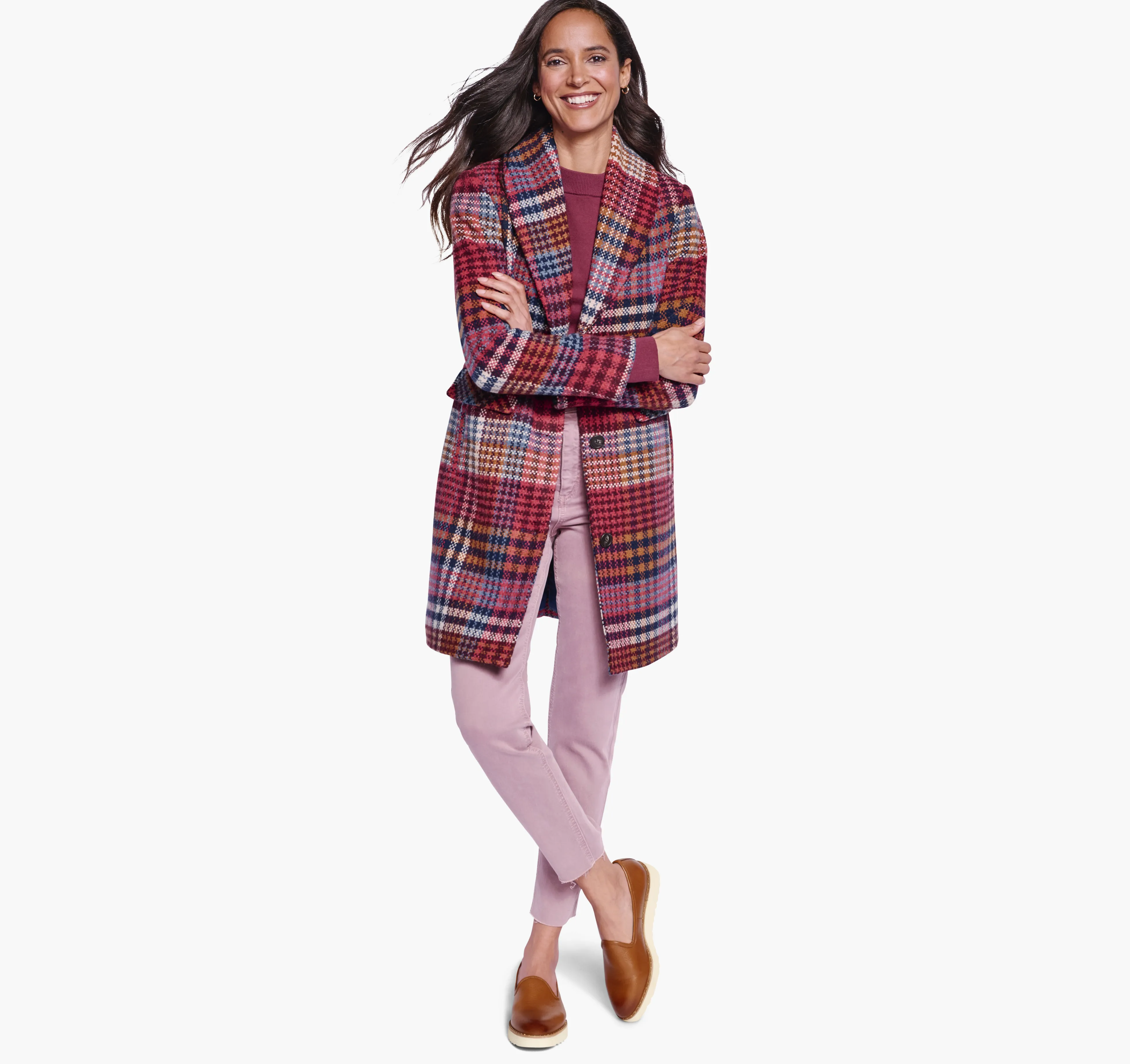 Shawl-Collar Plaid Coat