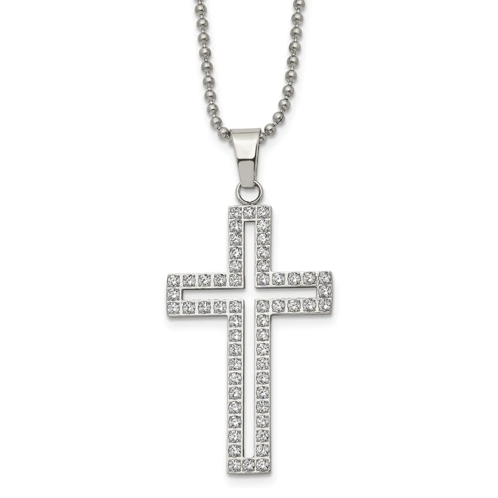 Stainless Steel & White CZ Voided Cross Necklace, 22 Inch