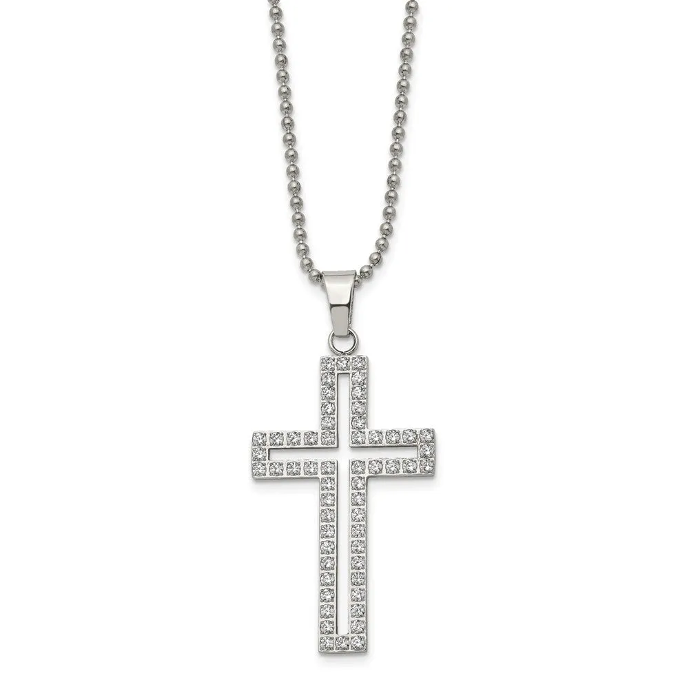 Stainless Steel & White CZ Voided Cross Necklace, 22 Inch