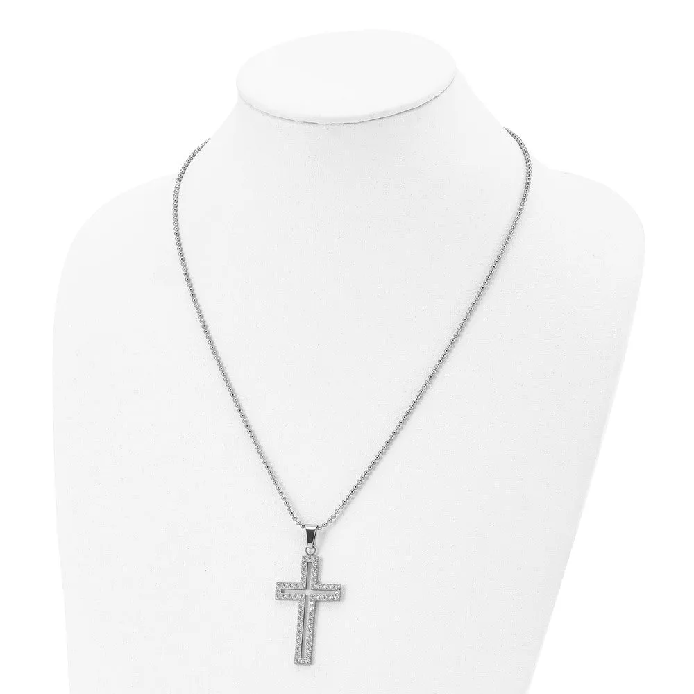 Stainless Steel & White CZ Voided Cross Necklace, 22 Inch