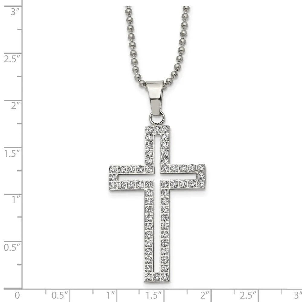 Stainless Steel & White CZ Voided Cross Necklace, 22 Inch