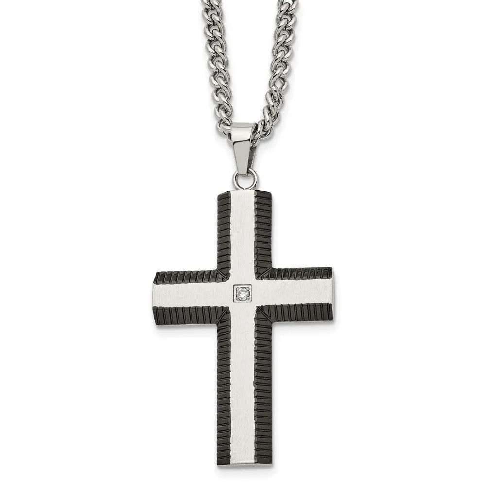 Stainless Steel, Black Plated & CZ Brushed Cross Necklace, 22 Inch