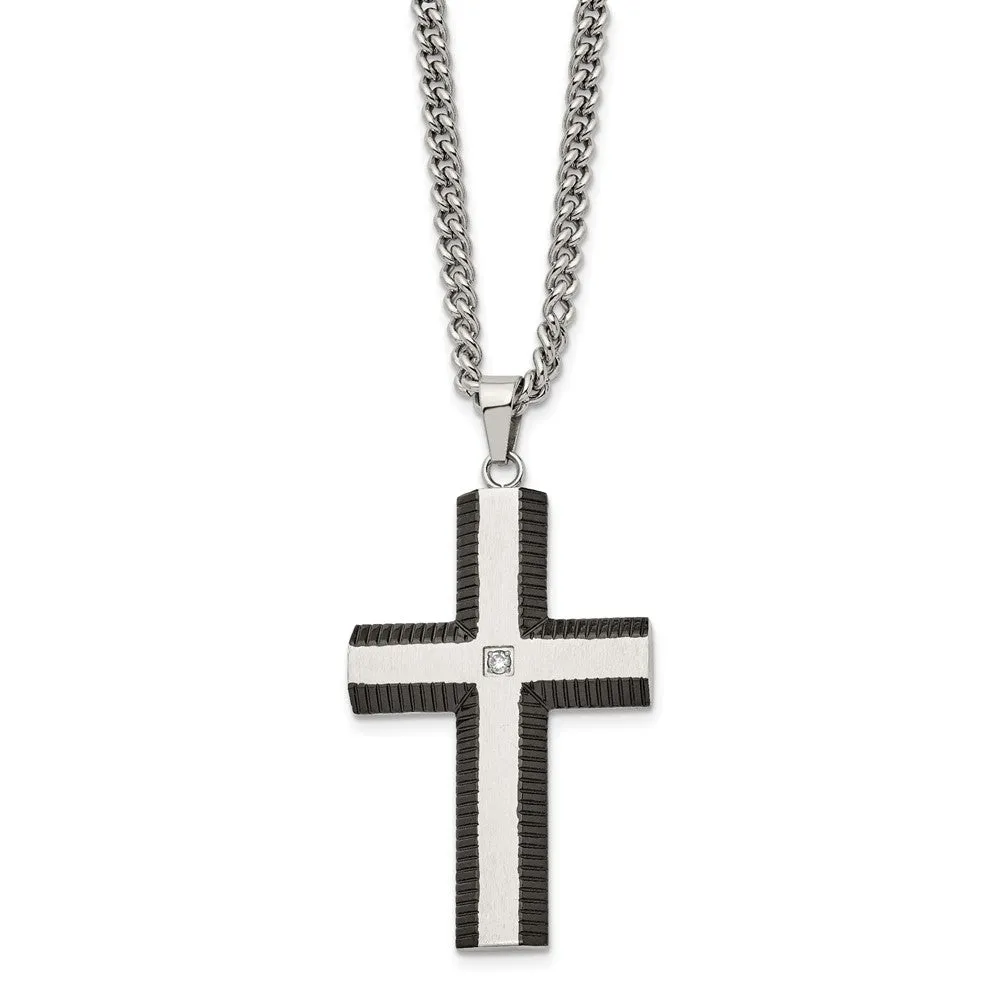 Stainless Steel, Black Plated & CZ Brushed Cross Necklace, 22 Inch