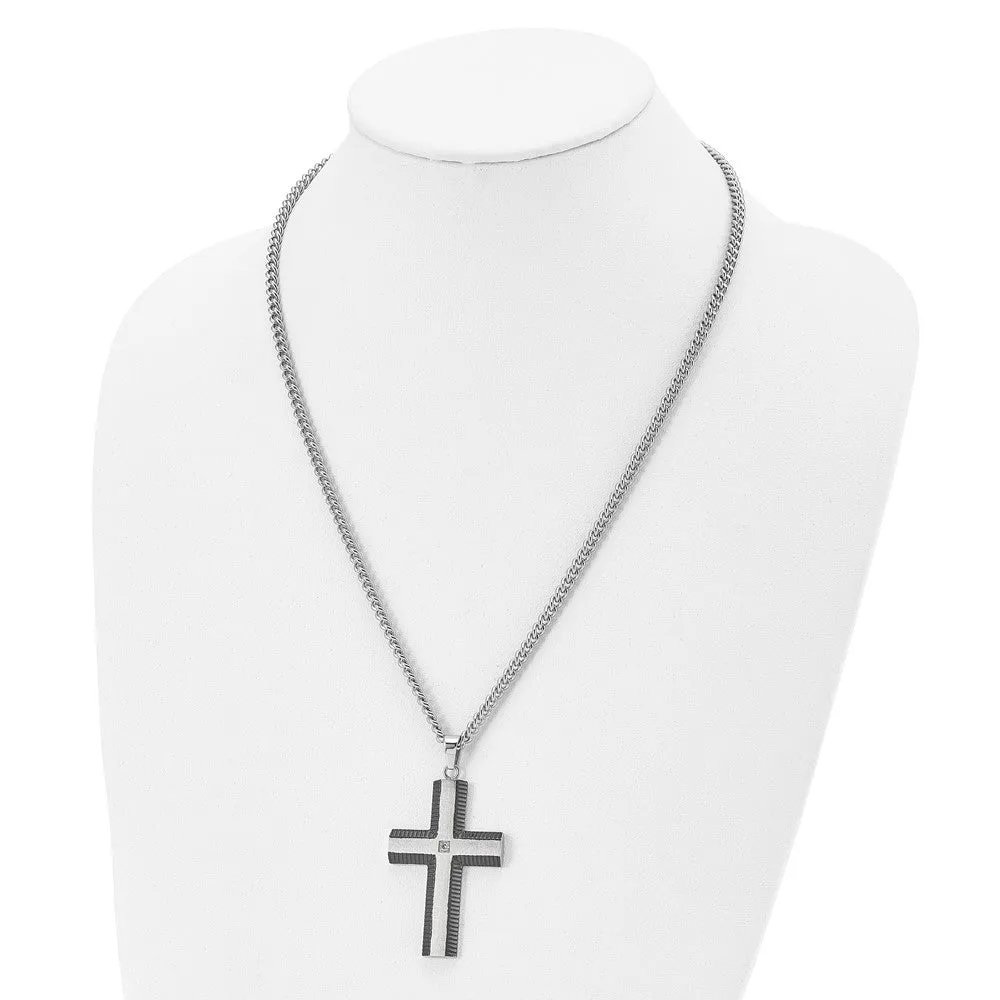 Stainless Steel, Black Plated & CZ Brushed Cross Necklace, 22 Inch