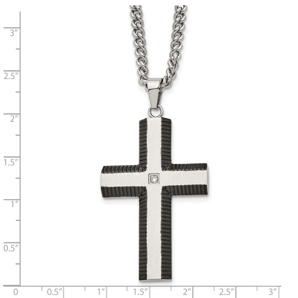 Stainless Steel, Black Plated & CZ Brushed Cross Necklace, 22 Inch