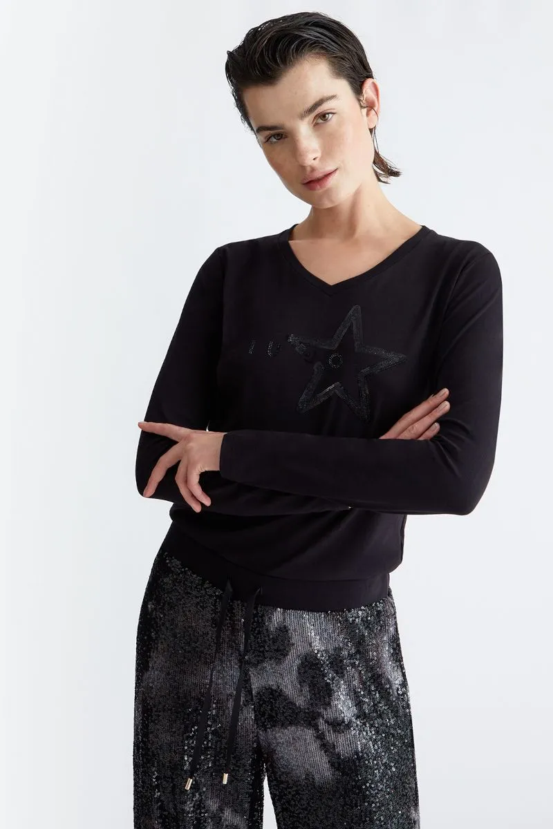 T-shirt con stella e logo donna Nero