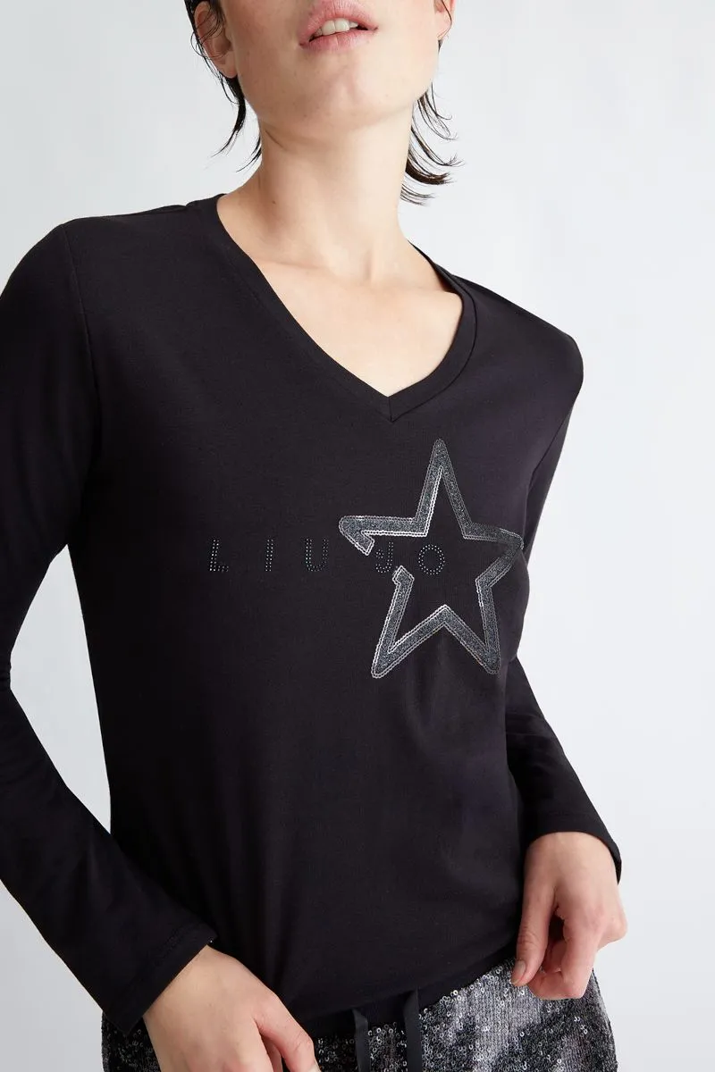 T-shirt con stella e logo donna Nero