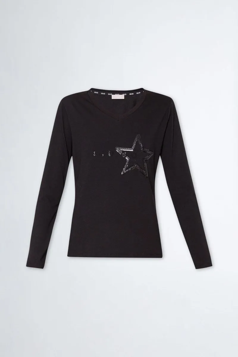 T-shirt con stella e logo donna Nero