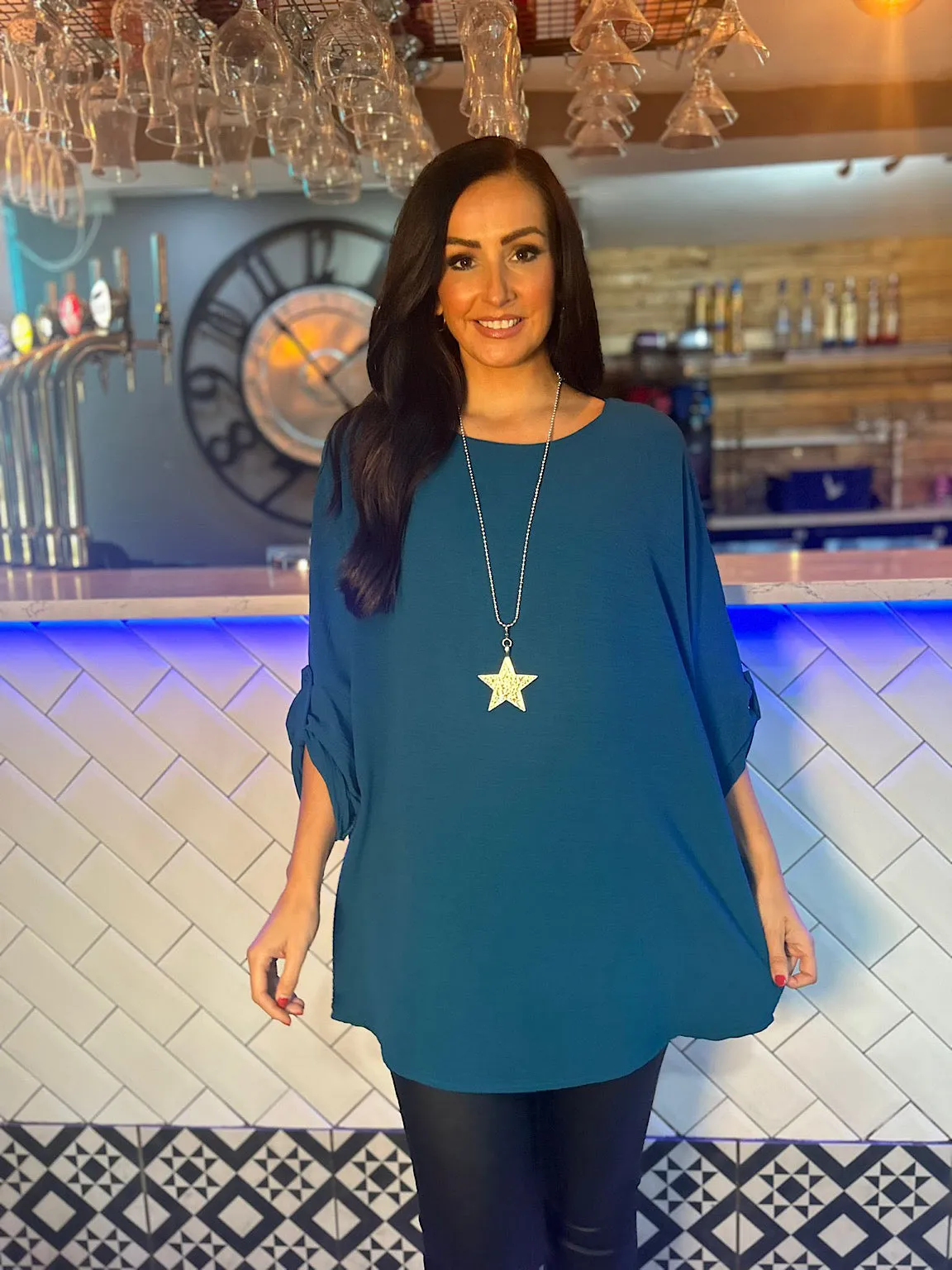 Teal Crepe Button Sleeve Blouse Susan