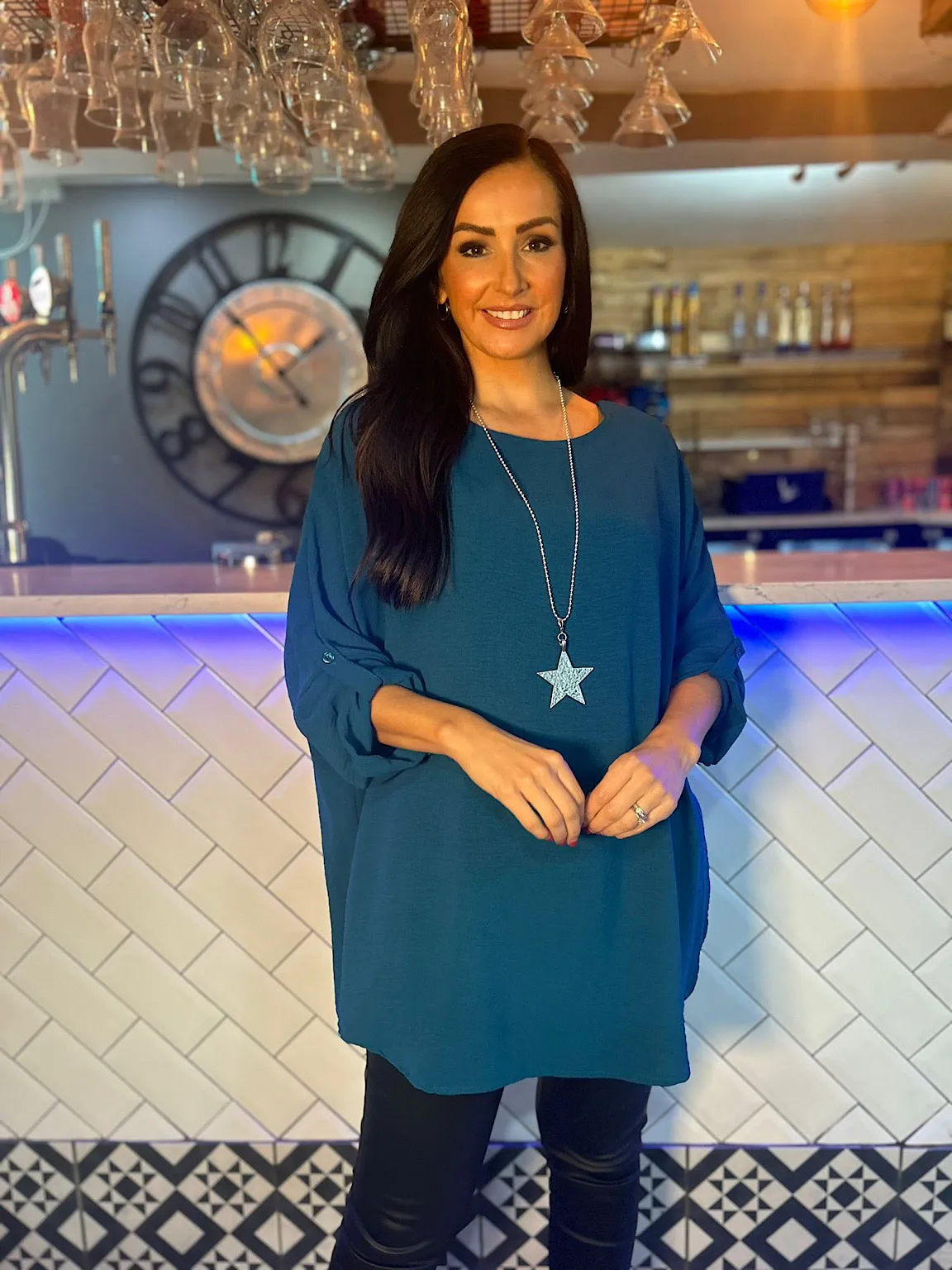 Teal Crepe Button Sleeve Blouse Susan