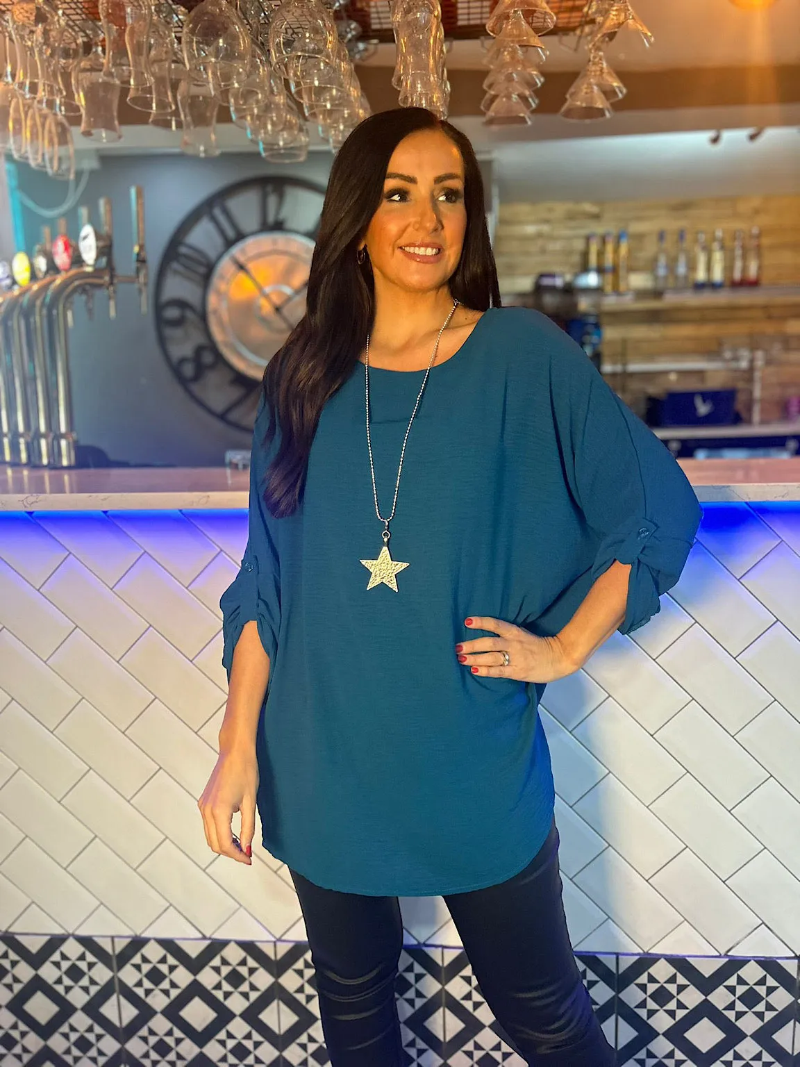 Teal Crepe Button Sleeve Blouse Susan