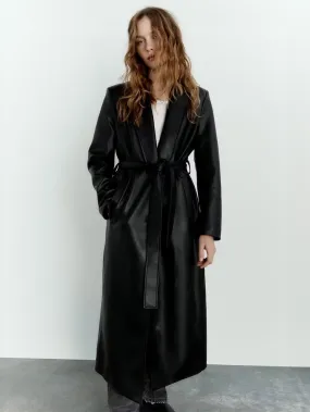 Trench Coat For Woman Fashion PU Leather Turndown Collar Sash Full Length Fall Winter Coat