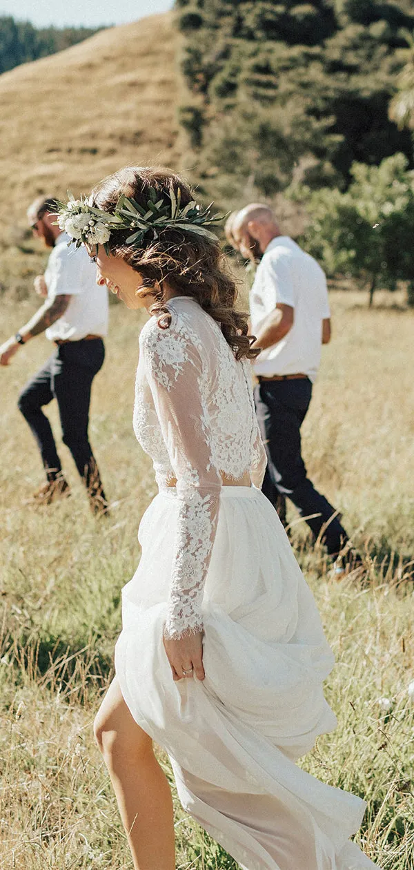 Two Piece See Through Lace Top Long Sleeve Ivory Chiffon Wedding Dresses ,DB0177