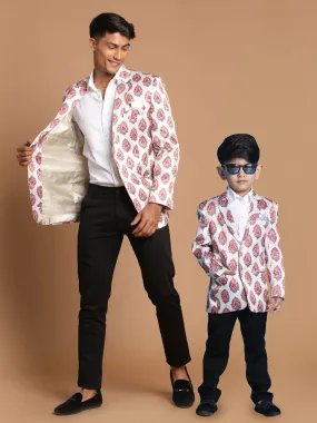 VASTRAMAY Cream Base Multi-Color Printed Baap Beta Blazer Set