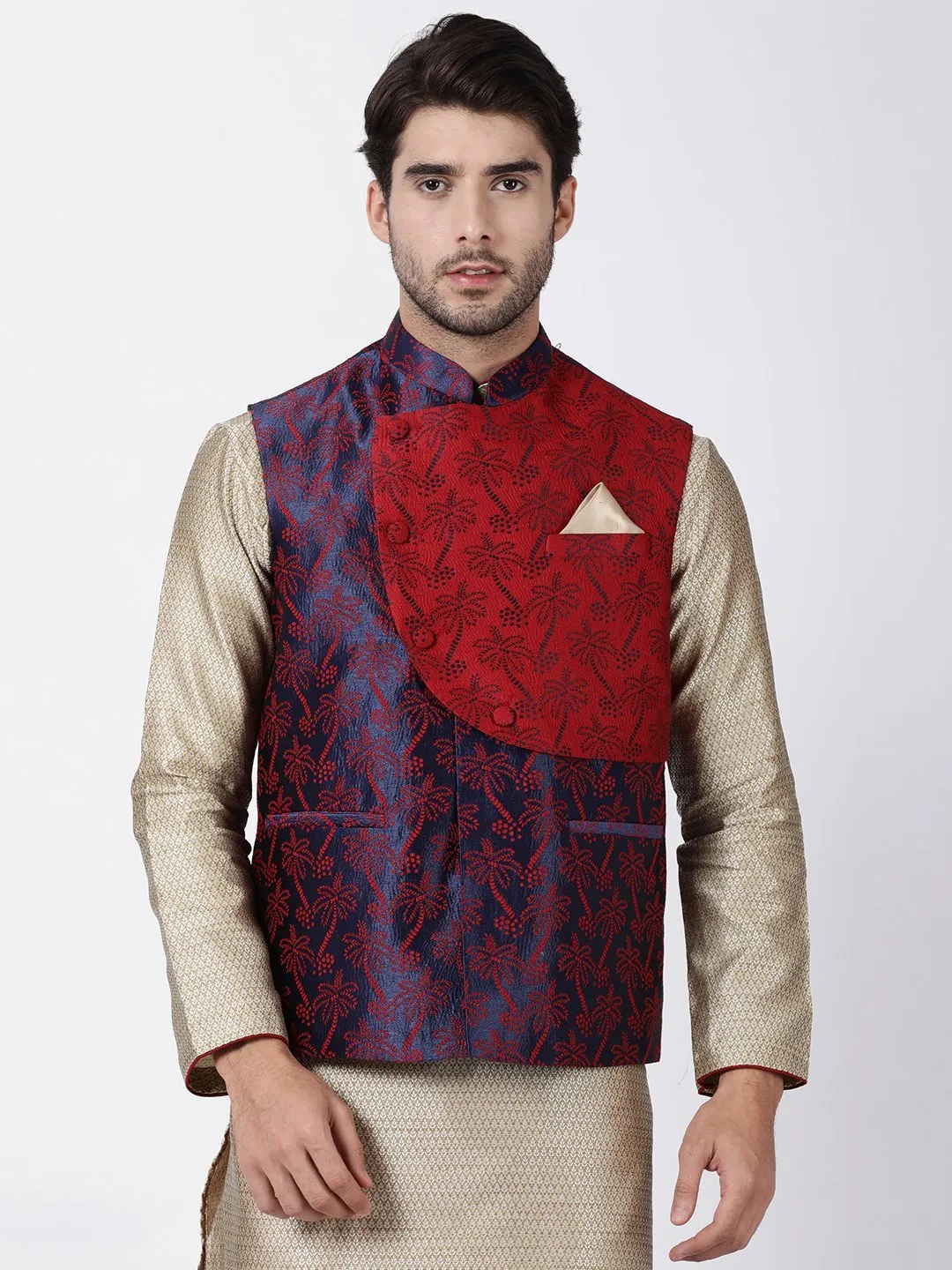 VASTRAMAY Men's Dark Blue and Maroon Cotton Silk Blend Ethnic Jacket