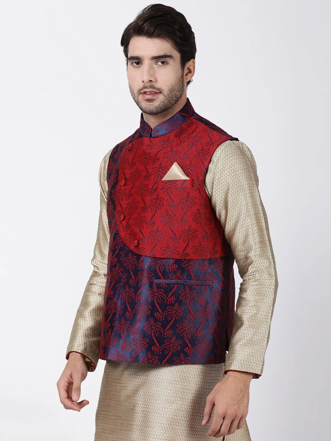 VASTRAMAY Men's Dark Blue and Maroon Cotton Silk Blend Ethnic Jacket